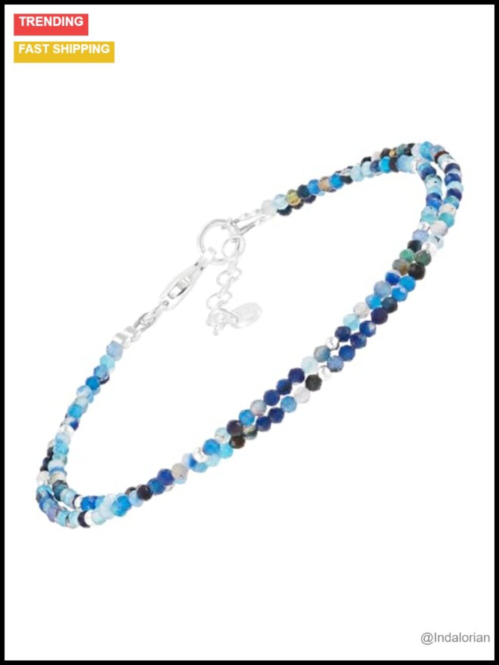 Sterling Silver Blue Agate Bead Bracelet Lobster Clasp Adjustable 7 Inch